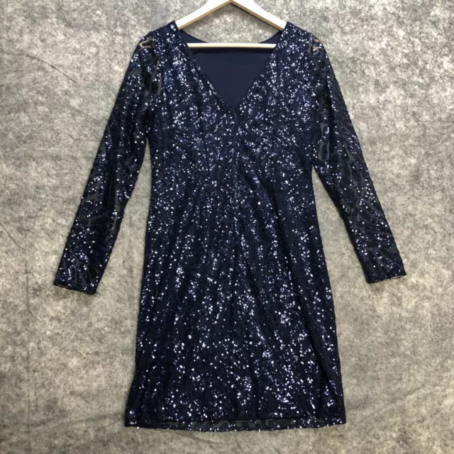 Marina Dress Womens Size 8 Navy Blue All Over Sequin Sheer Cocktail Evening 2