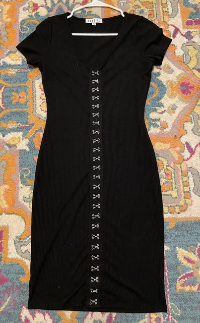 Grunge Goth Emo Black Hook & Eye Mini Ribbed Bodycon Dress Medium