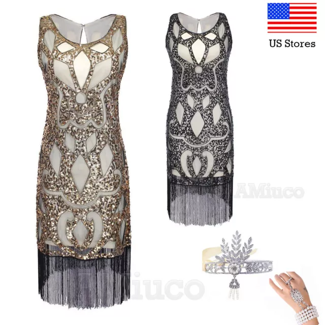 1920s Flapper Dress Gatsby Charleston Art Deco Sequin Fringe Party Women Dresses