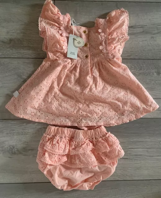 Ralph Lauren Broderie Anglaise Baby Girl Pink Dress Matching Knickers 0-3 M NEW