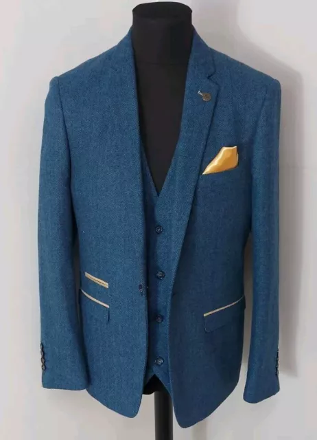 Mens Marc Darcy Dion Blue Check Blazer With Matching Waistcoat 40R