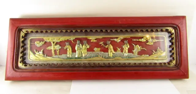 Chinese Hand Carved Wood Panel Gilt Red Gold Asian Life Scene 20"X 7" EXCELLENT