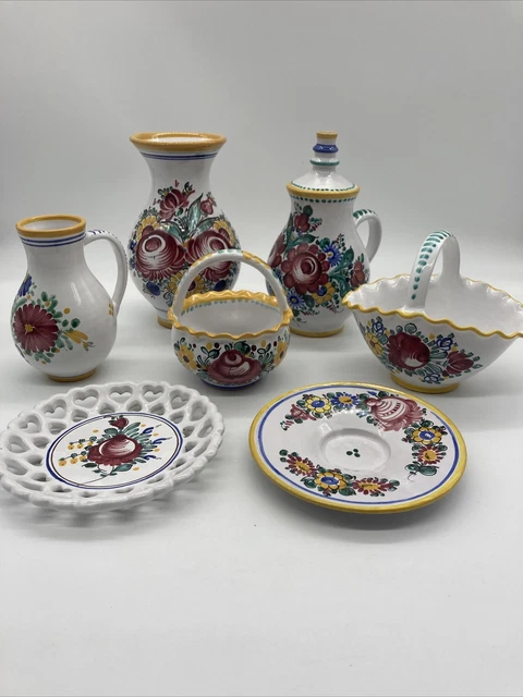 Lot Of 7 Floral Czechoslovakian Art Pottery Bohemian Style Hand Painted Red ware