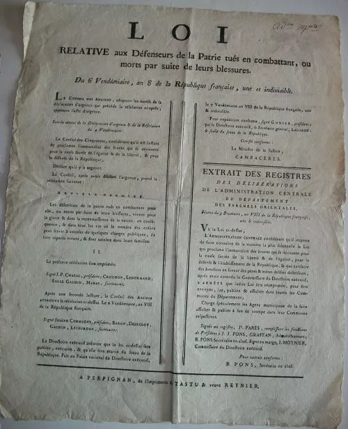 Affiche Originale Directoire Loi Relative Aux Combattants An 8 Revolution