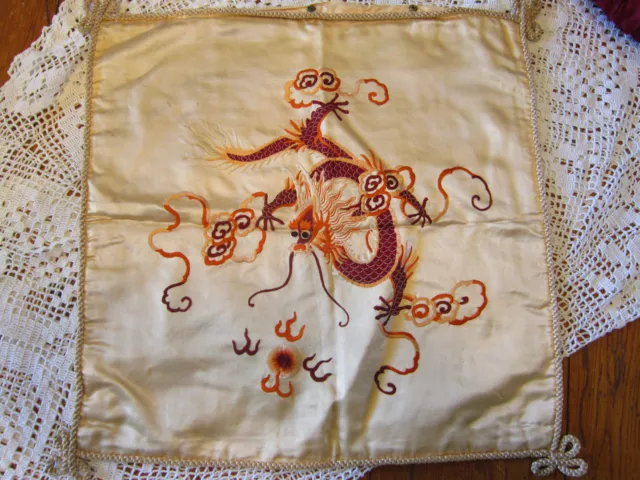 Vintage Chinese hand embroidered PILLOW sham,cover silk,5 claw dragon-old!