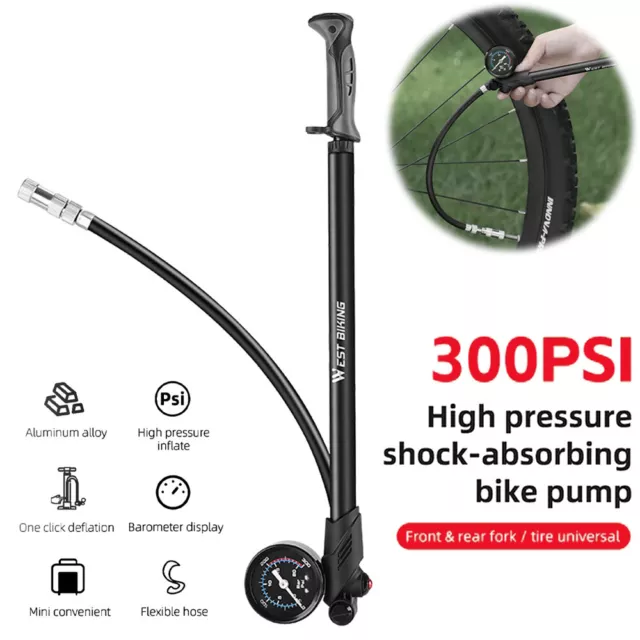 MTB Bike High Pressure Suspension Pump Front Fork Shock Pump w/Gauge+Hose 300PSI