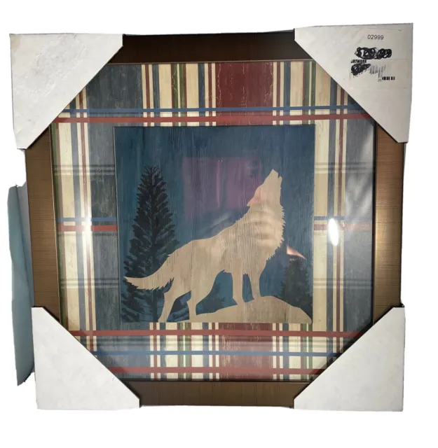 Framed Glass Artwork Plaid Coyote Wolf Howling 13.5” X 13.5” Wall Decor NEW