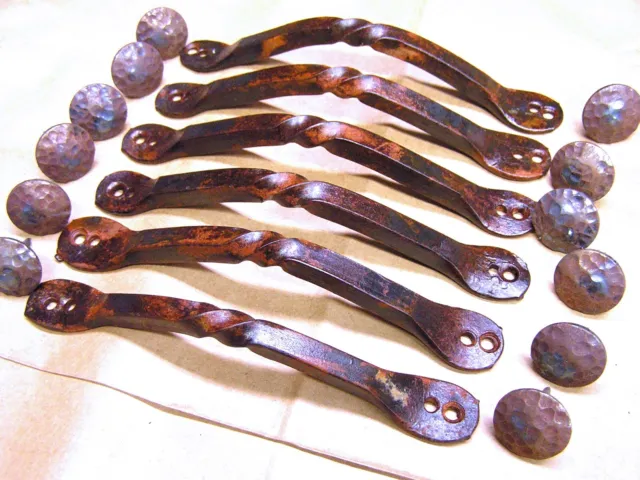6 hand forged twisted iron drawer handles, cabinet door pulls 12 clavos, 51