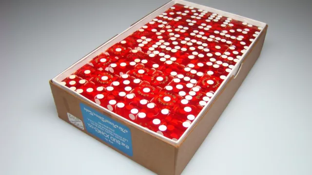 Vintage Dice Box of 120 Red Lucite Dice in Box Las Vegas Bud Jones Company