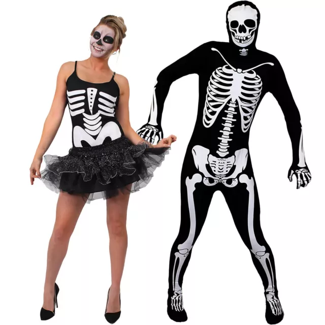 Couples Skeleton Fancy Dress Costume Mens Skinsuit Ladies Tutu Outfit Halloween