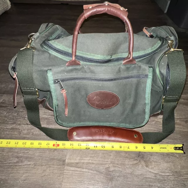 Orvis Duffle Bag Carry On Canvas Leather Bottom Green Brown Zip Vintage