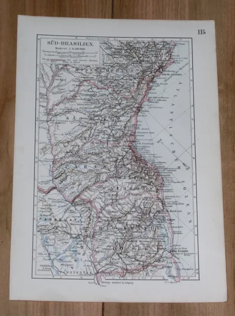 1899 Original Antique Map Of Southern Brazil / South America