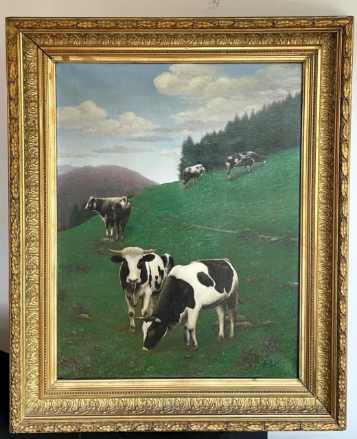 Grande huile sur toile. Les vaches dans la prairie. Trace de signature.