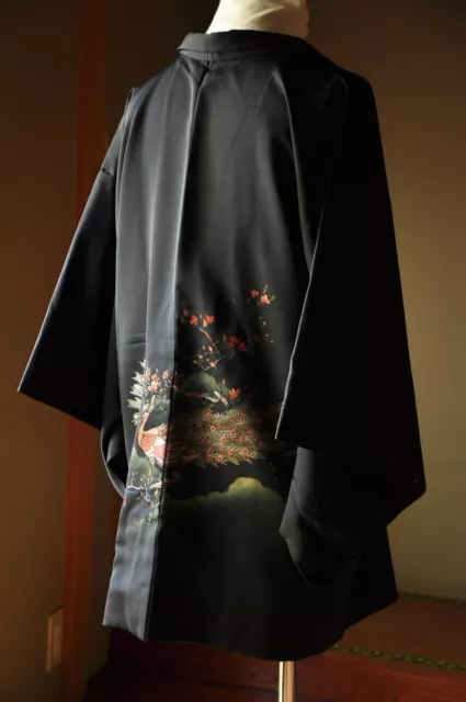 Vintage Japanese Kimono Haori Jacket Silk Black Peacock Embroidery