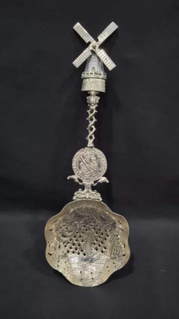 ANTIQUE LARGE DUTCH STERLING SILVER ORNATE TEA STRAINER, 82.9 grams, 9"