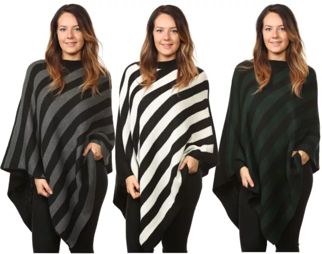 New Ladies Women Knitted Stripe Poncho One Size Plus Crew Neck Warm Sweater Tops