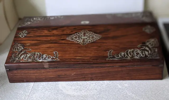 Antique Mahogany Writing Slope  Box - Mother Of Pearl Inlay - Needs Tlc