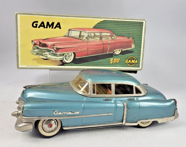 Joustra Gama Cadillac – Voiture Miniature Ancienne Tôle Bleu Et Beige, Filoguidée, Modèle Rare