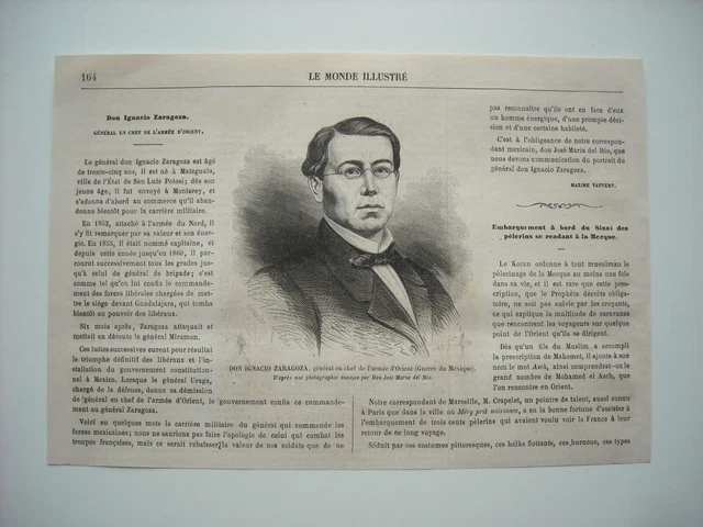 Gravure 1862. Expe Mexique. Don Ignacio Zaragoza, General En Chef. Avec Explicat