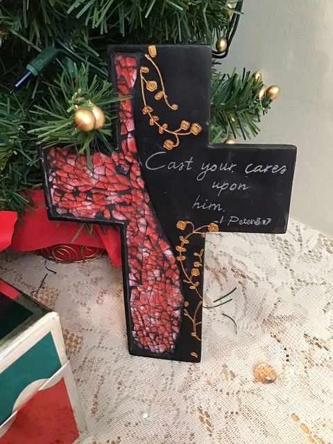 Mosaic Hanging Cross Ornament Wall Art Decor Christian- Cast Your Cares Upon Him