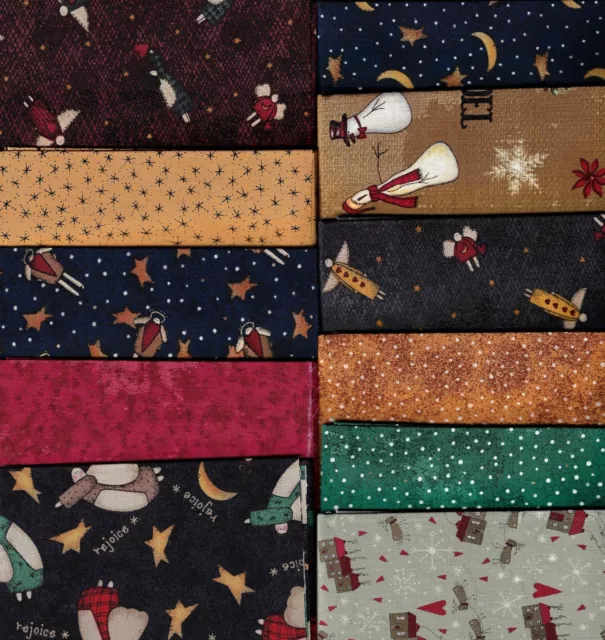Fabric Holiday/Christmas Fat Quarter Set of 11 Angels, Reindeer, Metallic Gold