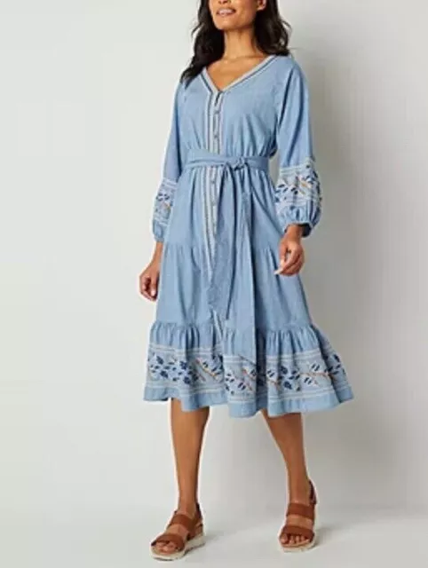 St John's Bay Dress Embroidered Boho Peasant Tiered Chambray Ruffle Dress Large