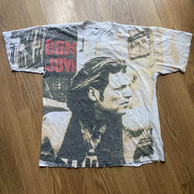 RARE Vtg Bon Jovi All Over Print AOP T Shirt Size L/XL Made in USA Single Stitch