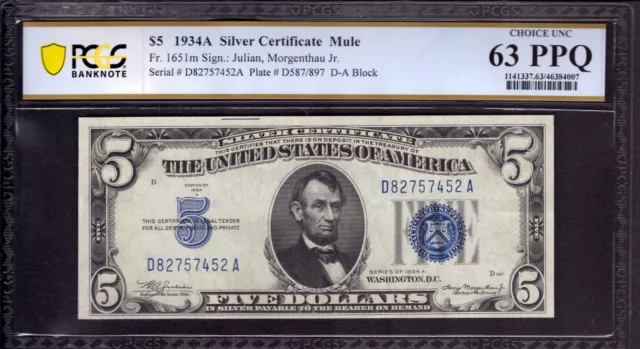 1934 A $5 SILVER CERTIFICATE NOTE FR 1651m MULE DA BLOCK PCGS B CU 63 PPQ