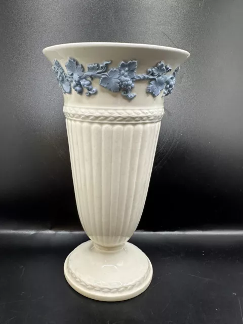 Wedgwood Queens Ware Embossed Vase Pale Blue on Cream Grapes Leaves 8” (AS IS)