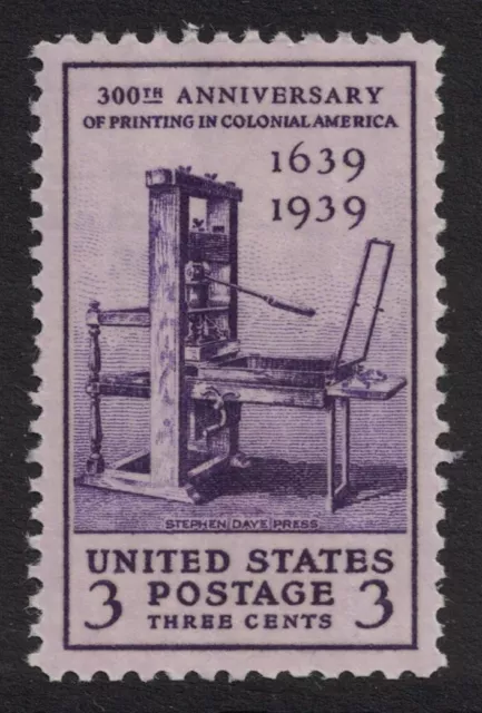 Scott 857- Printing Press Tercentenary, Stephen Daye- MNH 3c 1939- unused mint