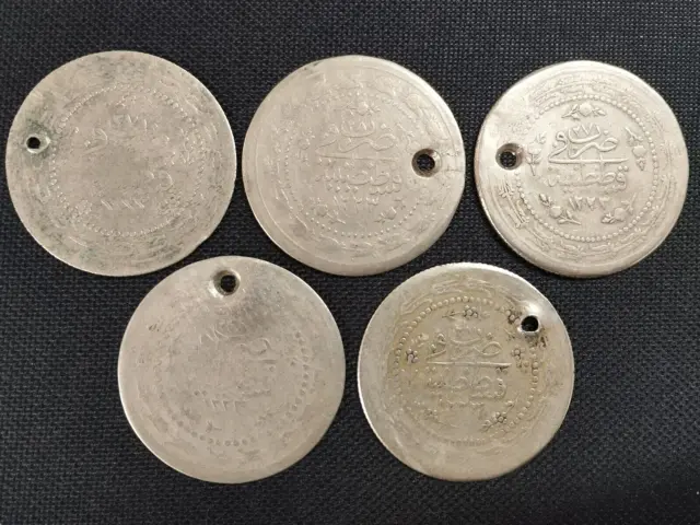 Lot Of 5 Ottoman Coins-1223/1836-Turkey-Sultan Mahmud Ii-Large-Silver-6 Kurus