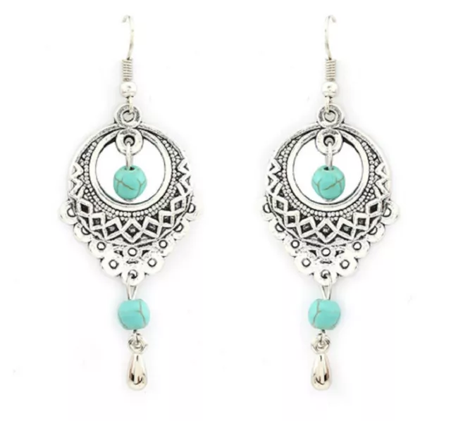 Vintage Boho Long Dangle Drop Earrings Silver and Turquoise Colour for Women UK