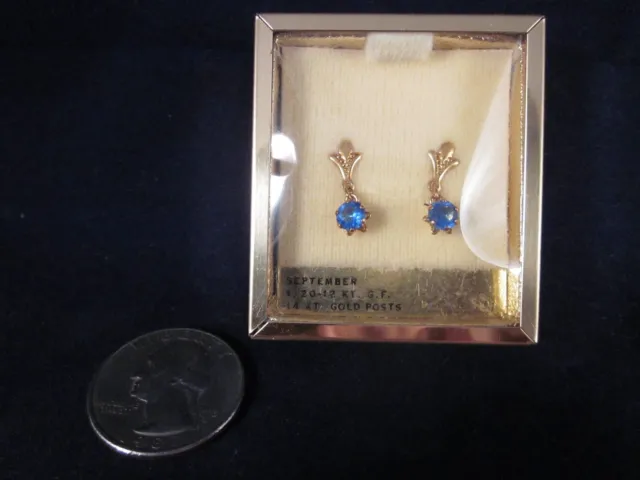 Blue Stone Pierced Earrings 1/20-12KT Gold Filled 14KT Posts VINTAGE NEW in BOX