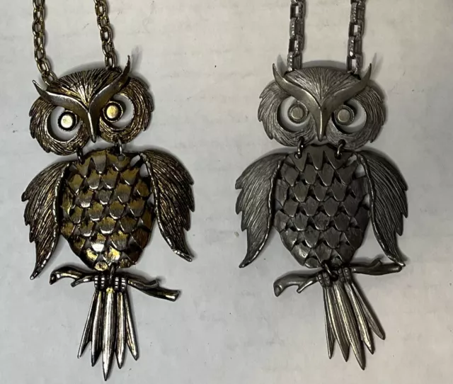 Vtg Gold & Silver Tone Pewter Articulated Owl Pendant on Rolo Chain Necklace 20"