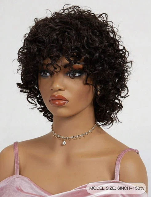 Perruque Femme Afro Bouclée Courte - Cheveux Naturels Dentelle - Noir - 25 Cm