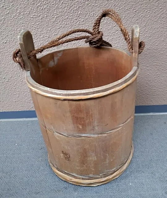 Antique Japanese Handmade Wooden Bucket Oke Vtg Large more than 100 years ago-2