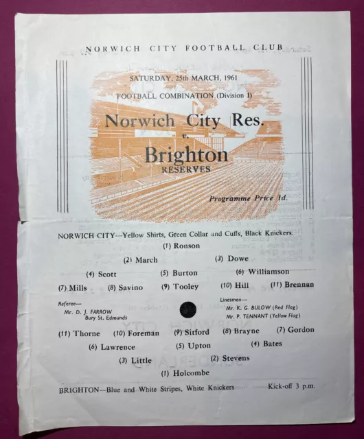 Norwich City Reserves v Brighton Reserves (Combination) 1960/61