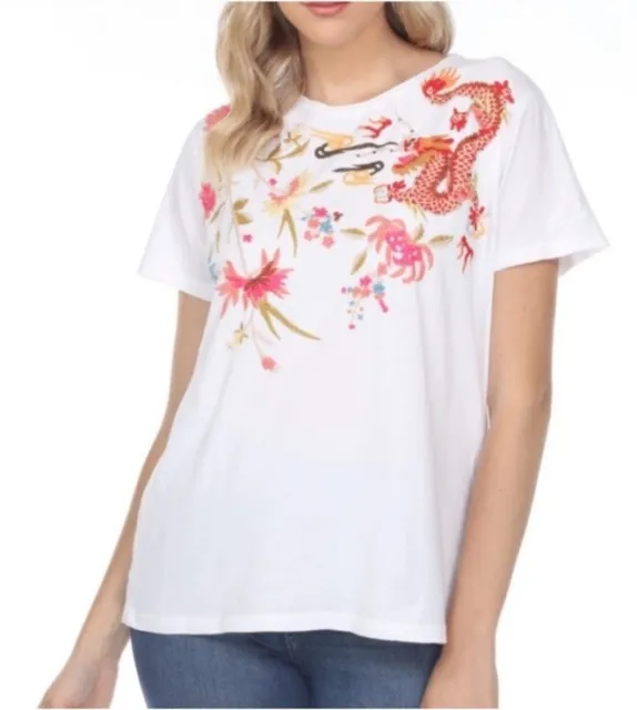 Johnny Was MINA DRAGON Embroidered White LARGE Blouse Top