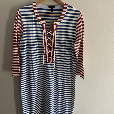 J Crew Maxi Dress Lace Up Sammie Nautical Stripe Baltic 3/4 Sleeve Red Blue L