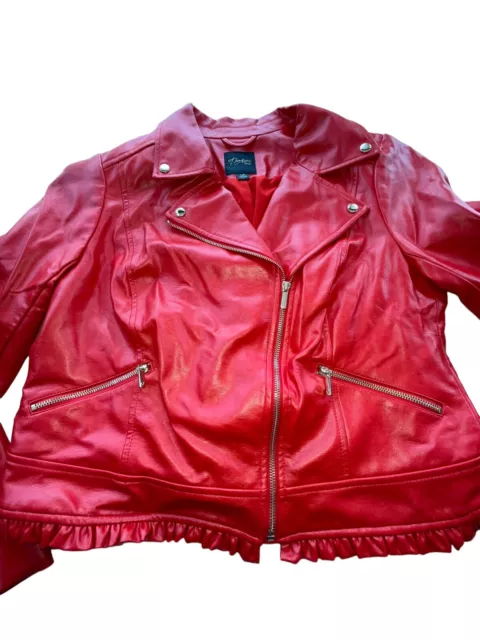 Thalia Sodi Womens L Red Faux Leather Moto Jacket Full Zip Lined Ruffle