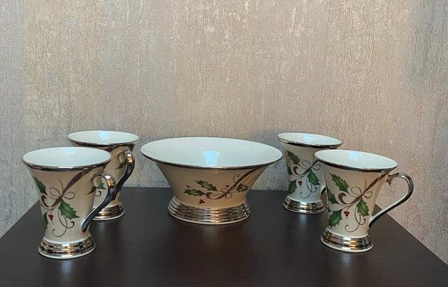 Lenox Holiday Nouveau Platinum  Christmas  5 Ps Set Bon Bon Bowl and Cups
