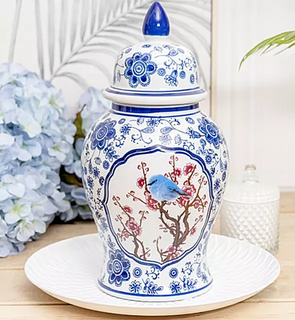 ~❤️~Hamptons TALL FLORAL Bird ORIENTAL GINGER JAR 38cms Blue & White~❤️~