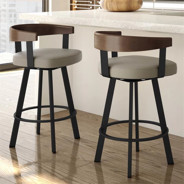 Amisco Lars 26 In. Counter Stool - Greige Faux Leather / Black / Brown Wood