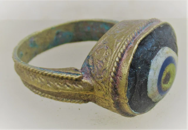 Ancient Phoenician Gold Gilded Seal Ring With Mosaic Stone Rare