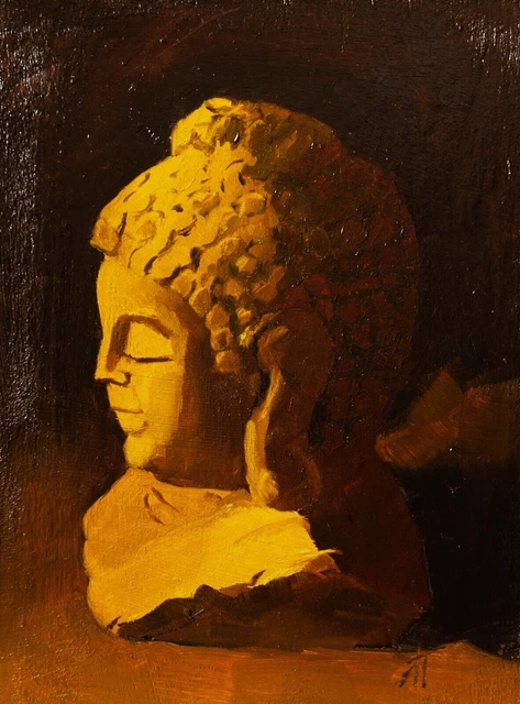 Pittura a olio originale, statua di Buddha Still Life, arte del ritratto...