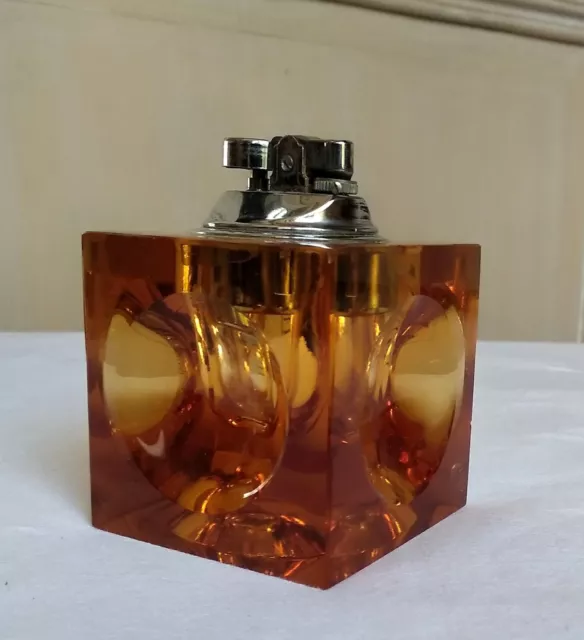 Ancien Briquet de Table vintage cube en verre orangé briquet à gaz