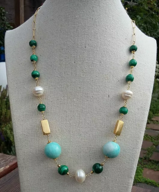 Collier Con Malachite, Amazzonite Peruviana E Perle; Argento 925 Dorato 2