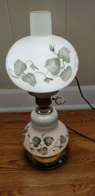 Vtg 3 Ways GWTW Floral Hand Painted Milk Glass  Lamp/green leaves