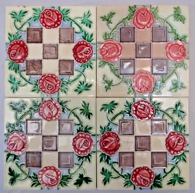 Majolica Tile Vintage Art Nouveau Ceramic Glazed Saji Japan Rare Collectible#453