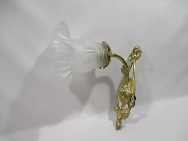 Ancienne Lampe Applique Murale Col De Cygne En Bronze Rosace Dentelle Old Lamp